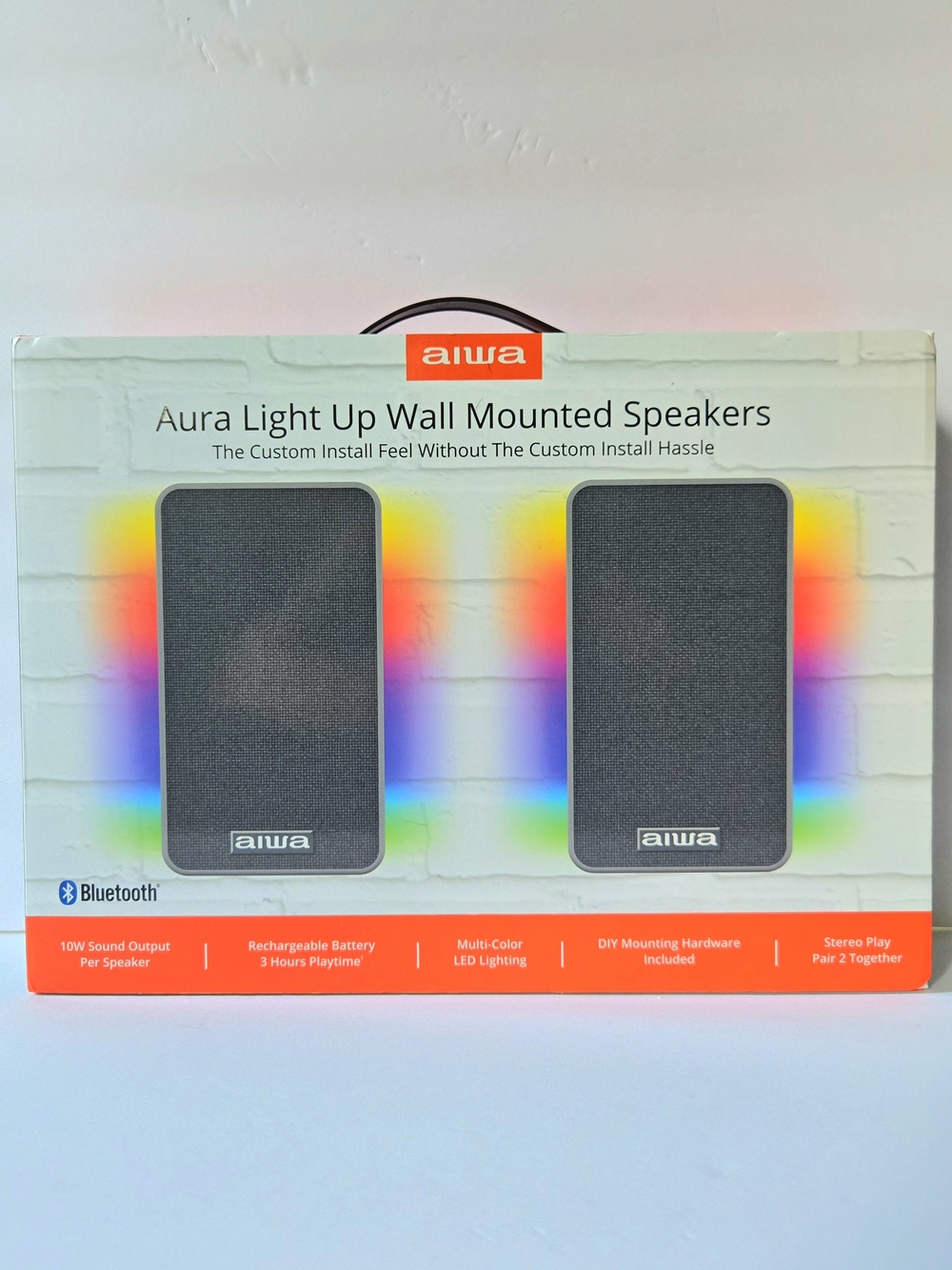 NEW Aiwa Aura Light Up Wall Mount Bluetooth Speakers 2-Pack, Open Box Never Used